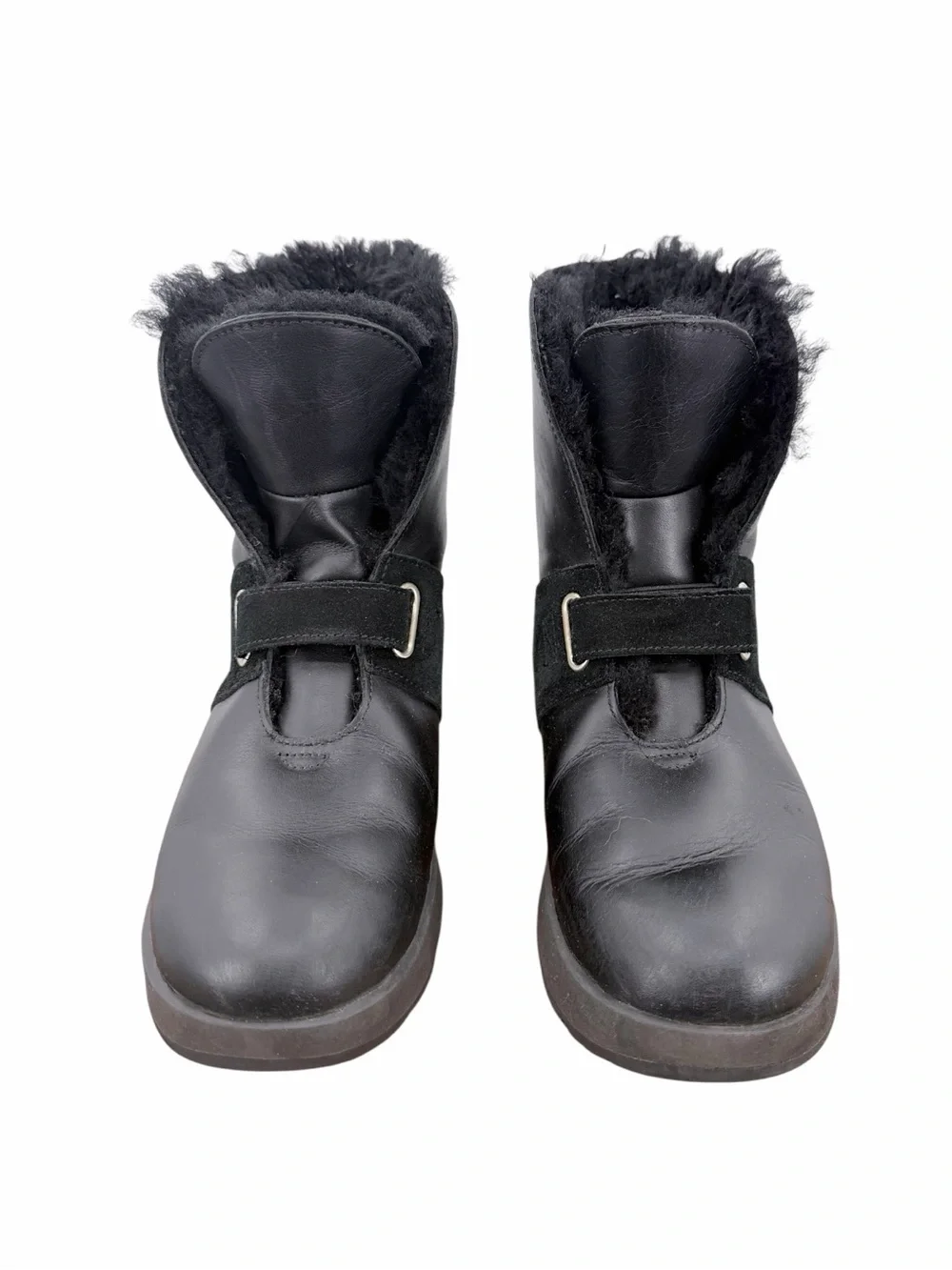 UGG Black Leather Shearling Buckle Boots Vibram Arctic Grip Waterproof 9